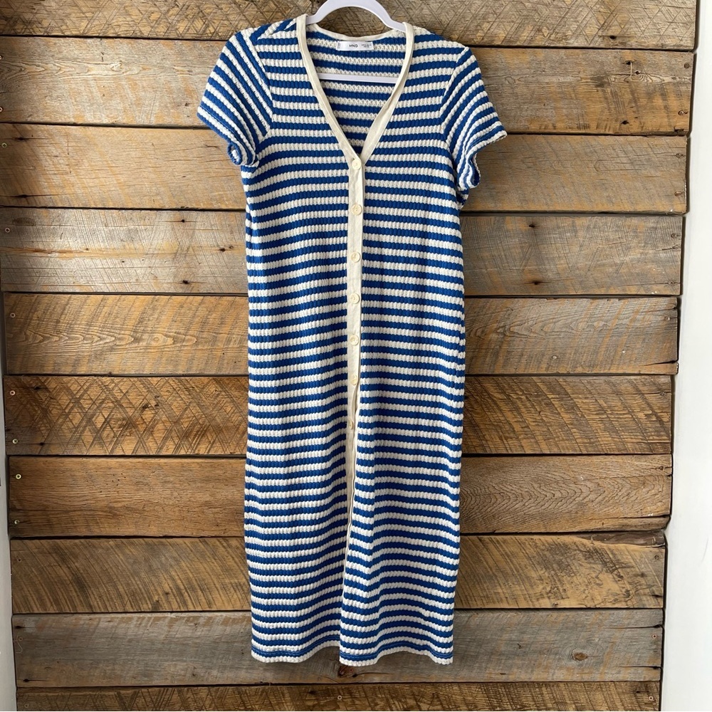 MNG Mango Blue/ Cream Stripe Jersey Sweater Midi Dress Sz US 10 Short Sleeve - Picture 3 of 13